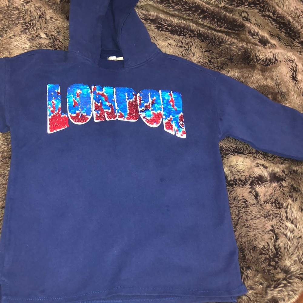 Zara blue sequence London pullover hoodie